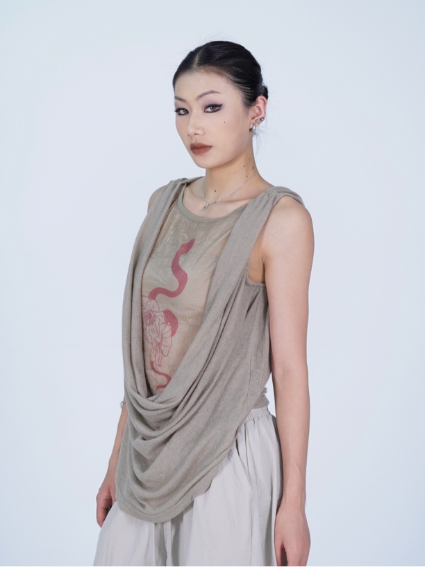 SUANS原创小蛇印花荡领堆堆复古正反两穿轻薄网纱透气背心上衣