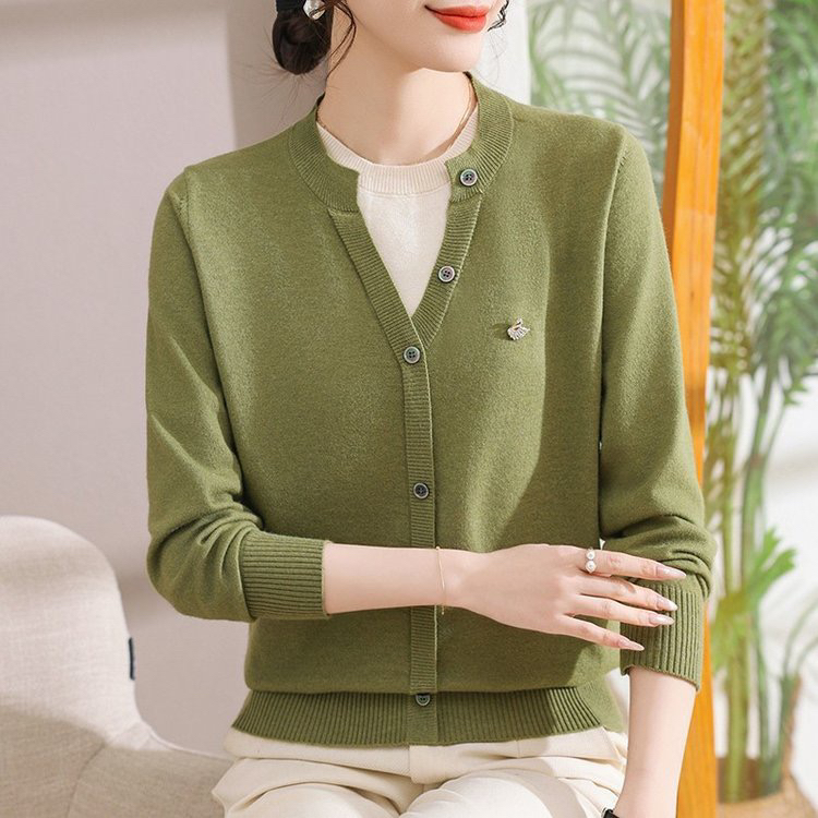 春季新款假两件设计感毛衣套头减龄纯色拼接宽松妈妈针织衫8909