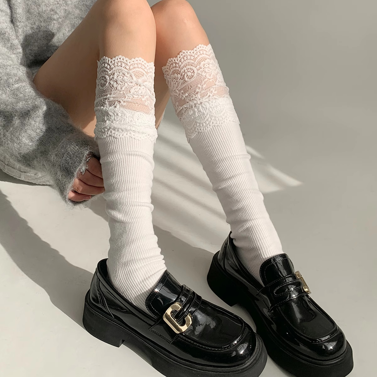 白色蕾丝lolita洛丽塔小腿袜袜子女长筒袜jk长筒花边甜美日系棉袜
