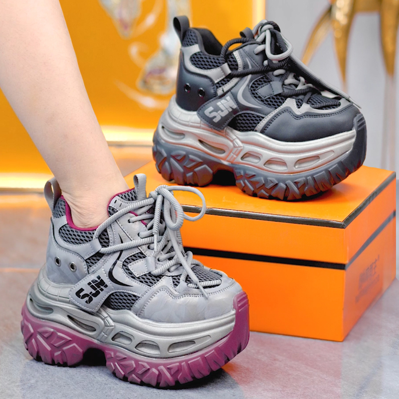  9cm小个子复古做旧厚底老爹鞋女2025秋季新款系带轻便百搭休闲鞋