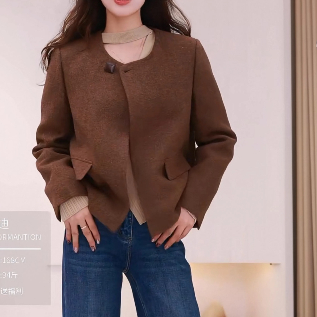 羊毛混纺毛呢外套女冬季保暖无缝充绒韩版复古短款显瘦气质上衣