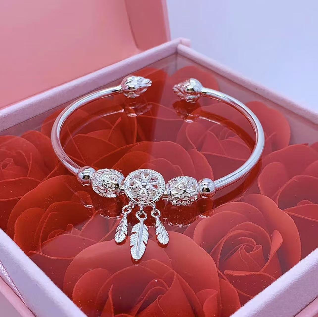 足银手镯 莲花捕梦网手镯时尚高级Y0207