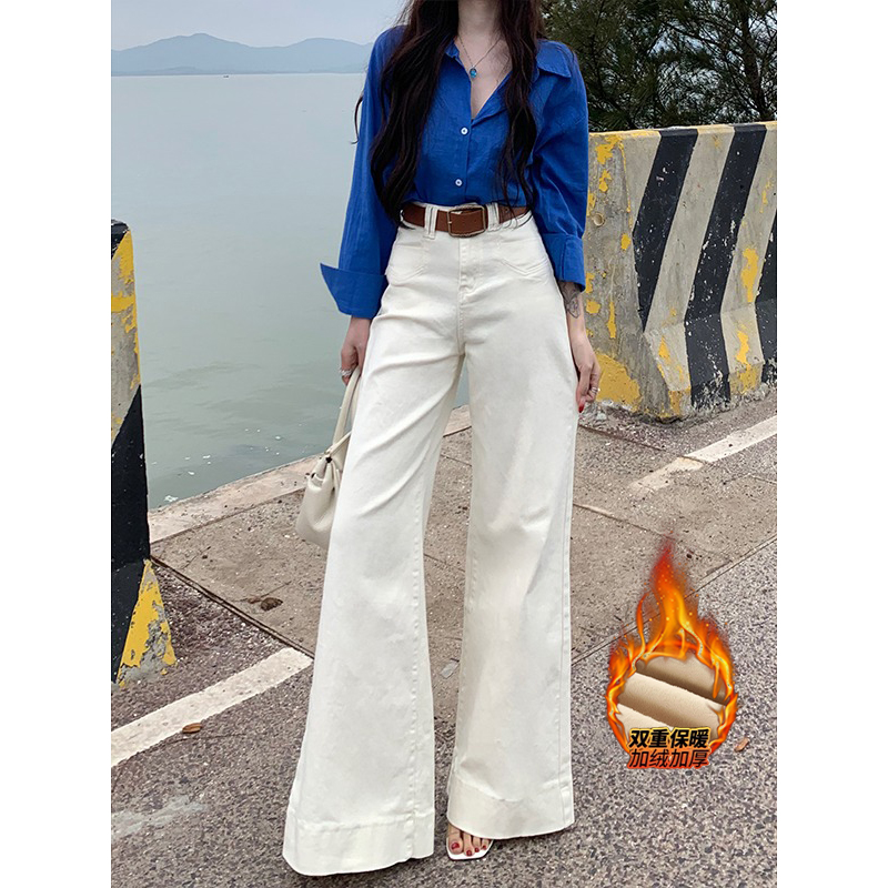 加绒不贴腿腰带垂感喇叭牛仔裤女2025冬季新款高腰显腿长拖地裤