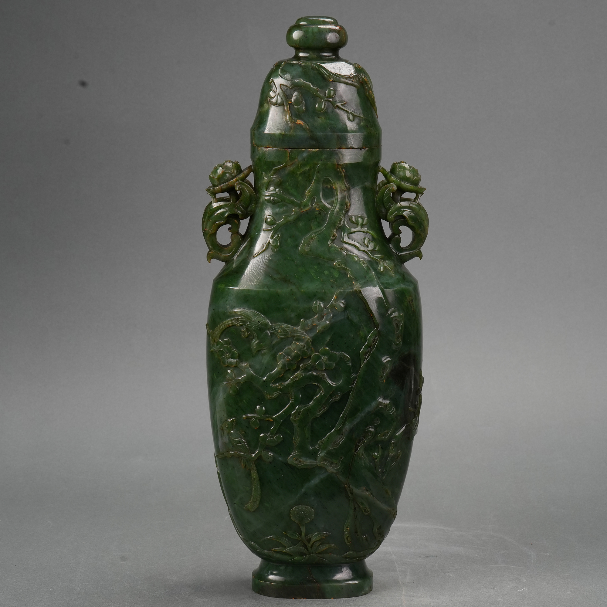 LOT 020819清代 玉雕折枝花鸟纹双耳大瓶【古董拍卖】