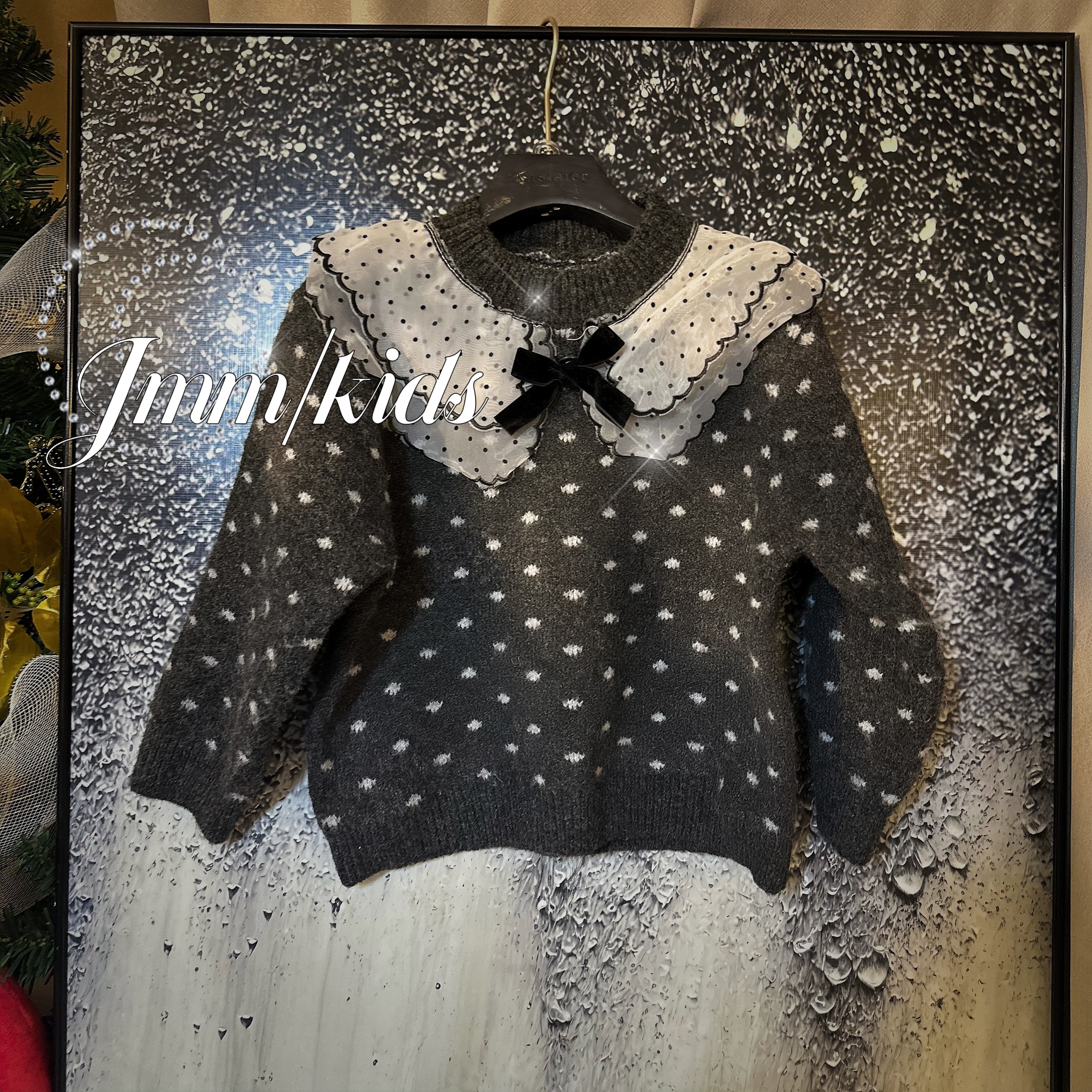 【秋冬款】B029灰色缎面翻领女童毛衣冬季加厚保暖亲子装