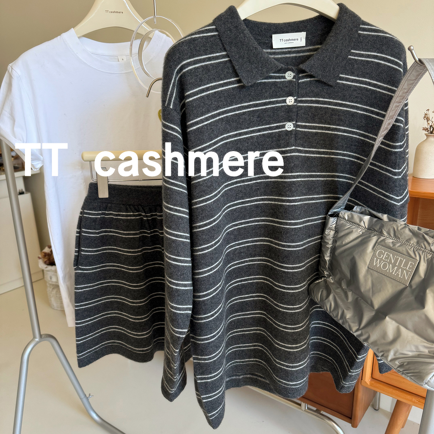TT Cashmere纯山羊绒宽松休闲条纹长袖POLO领条纹短裤套装半开领