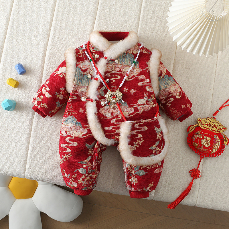 婴幼儿婴儿连体衣外出爬服兔哈衣【新年战袍套装年服女孩小宝宝