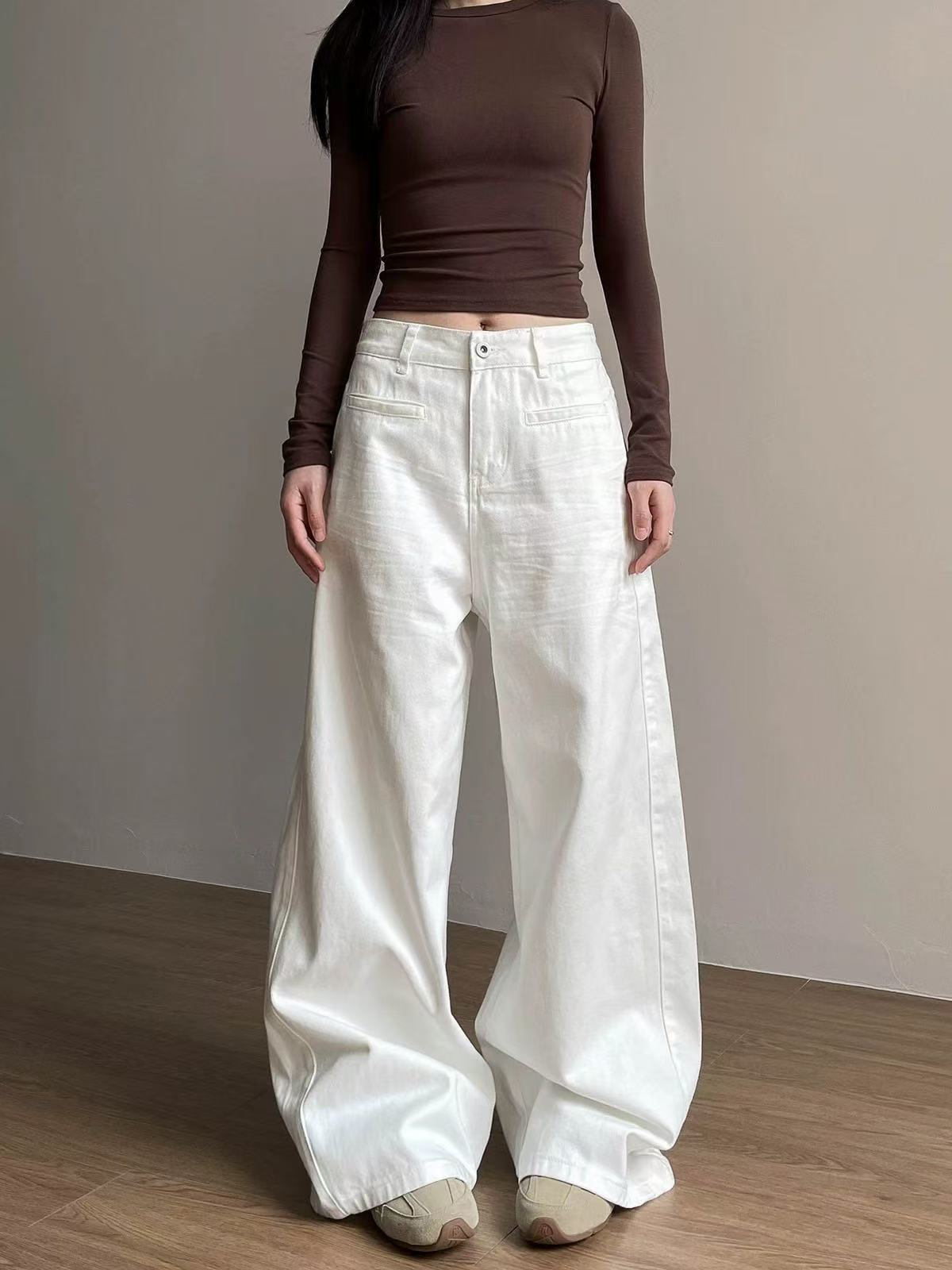 【烨】美式复古褶皱白色直筒牛仔裤女高级感百搭堆积感休闲裤子