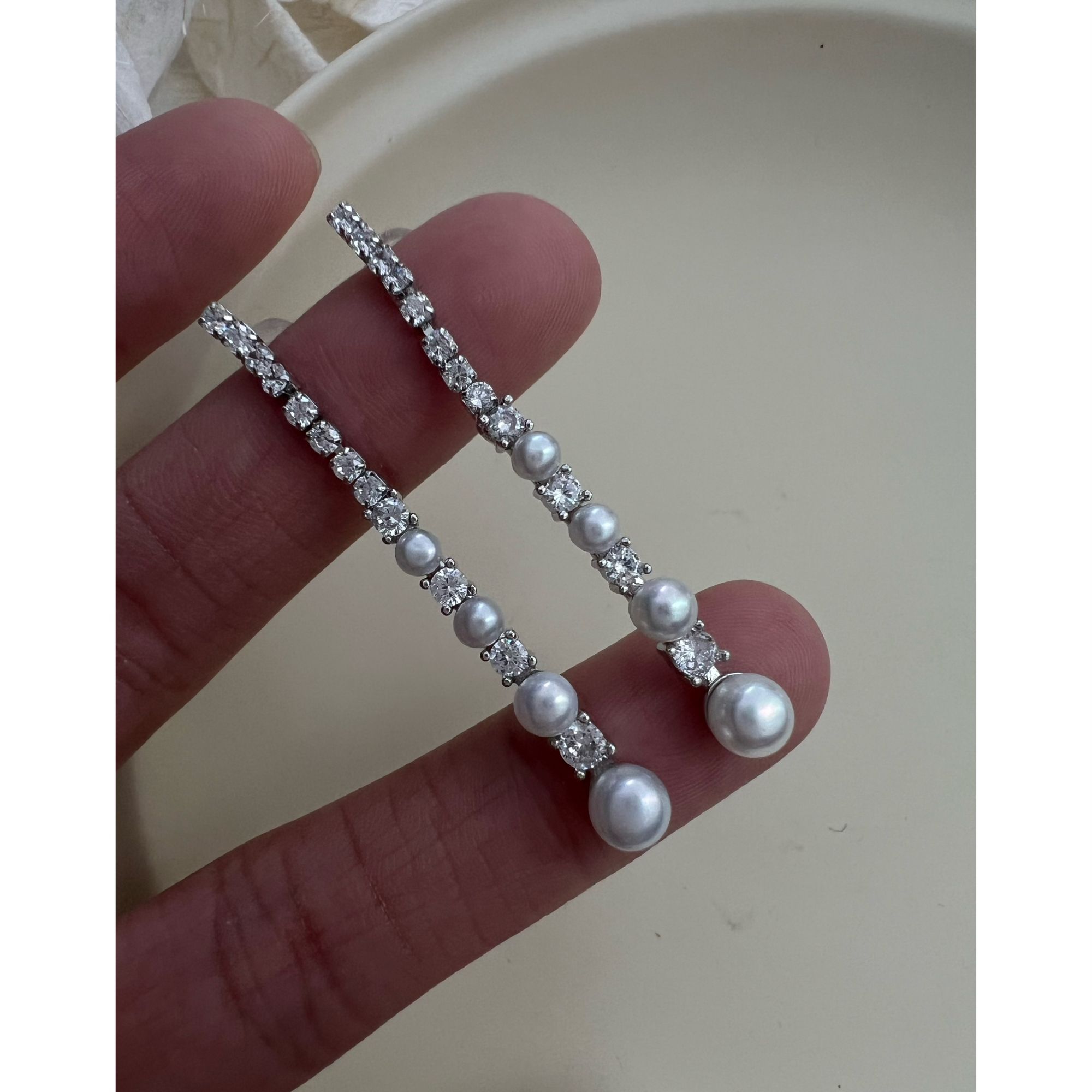 JUNMU明星同款天然淡水珍珠长耳坠闪钻耳环女百搭时尚长流苏耳坠