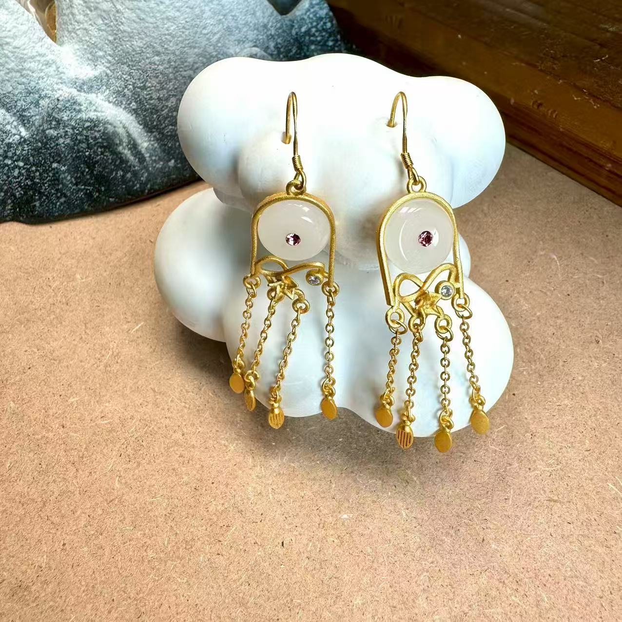 耳饰 G羊脂白色流苏耳坠AE861