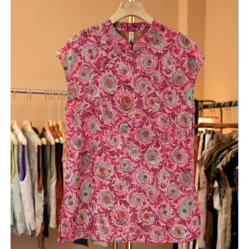 新中式中长款时尚立领斜襟盘扣遮肉显瘦短袖T恤6305