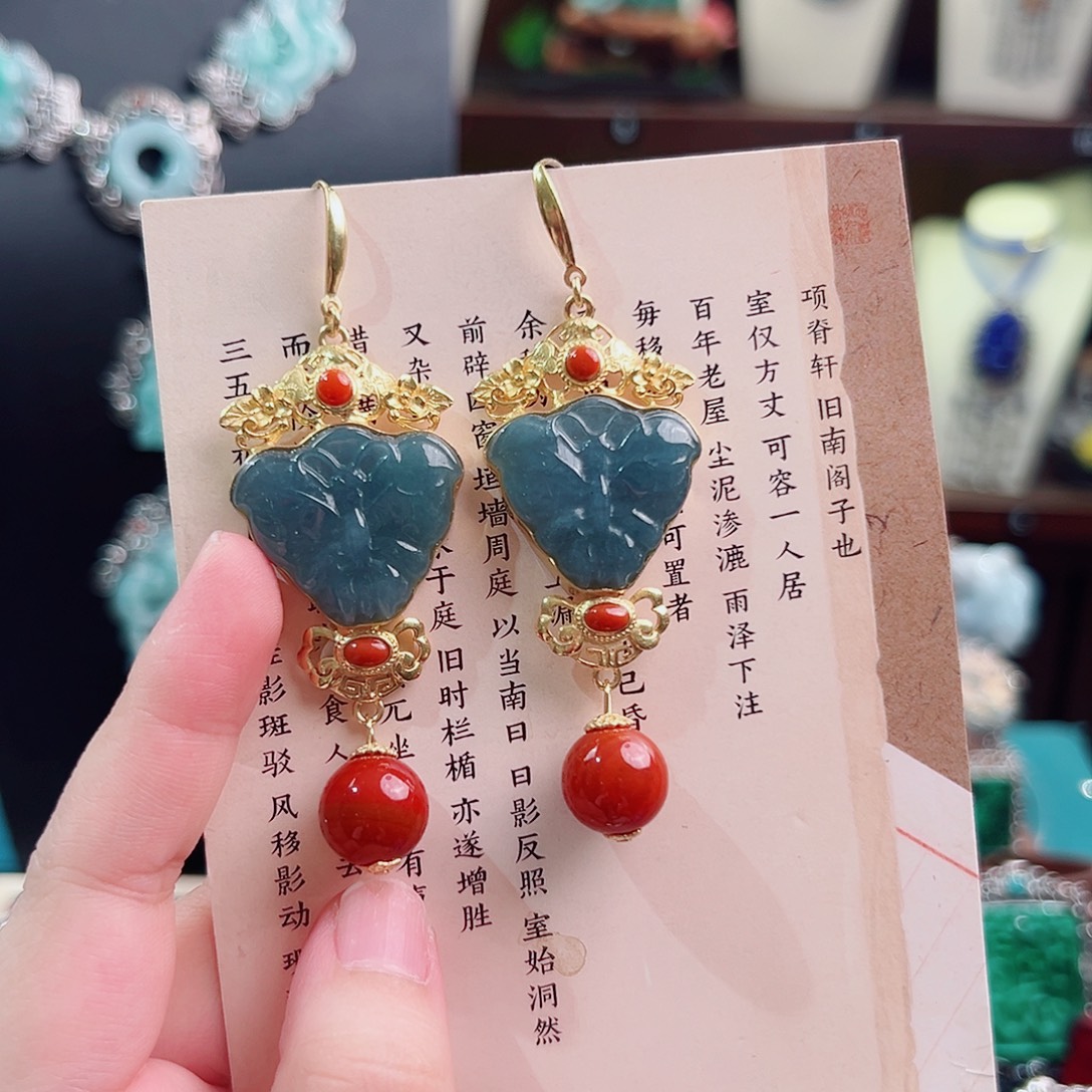 翡翠银S925镶嵌挂件耳环