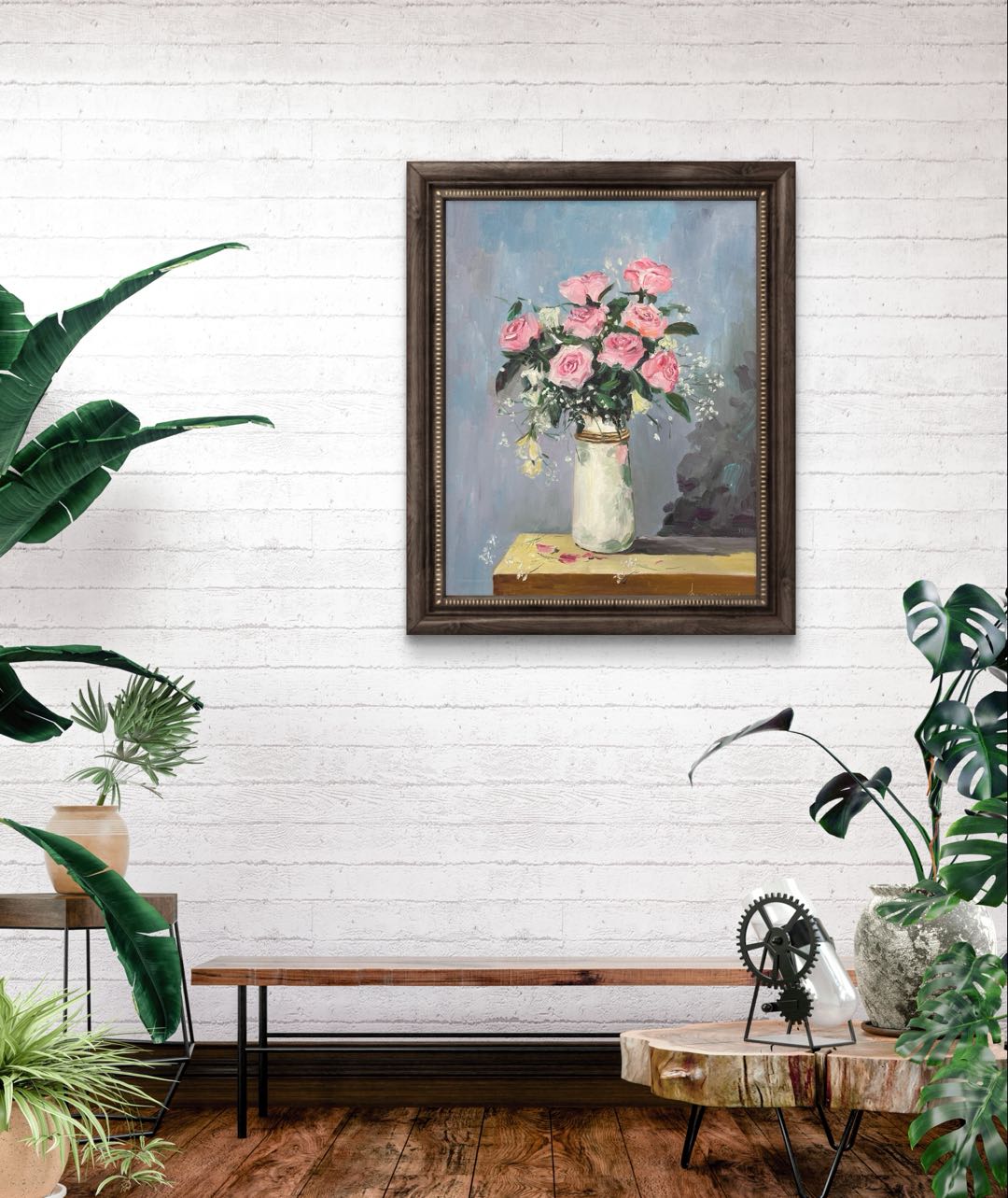 高级定制【粉玫瑰】油画客厅沙发背景墙装饰画尺寸：40*50cm