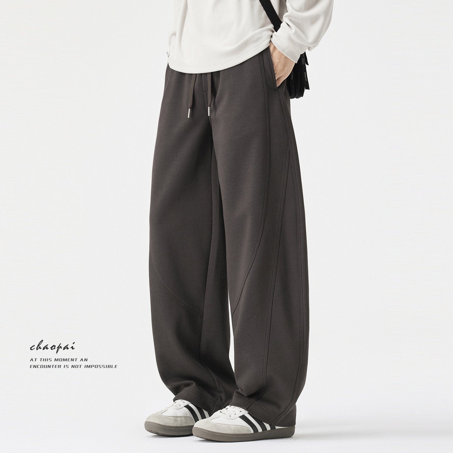 咖灰色针织运动卫裤男款秋冬重磅潮牌宽松直筒阔腿弯刀休闲长裤子