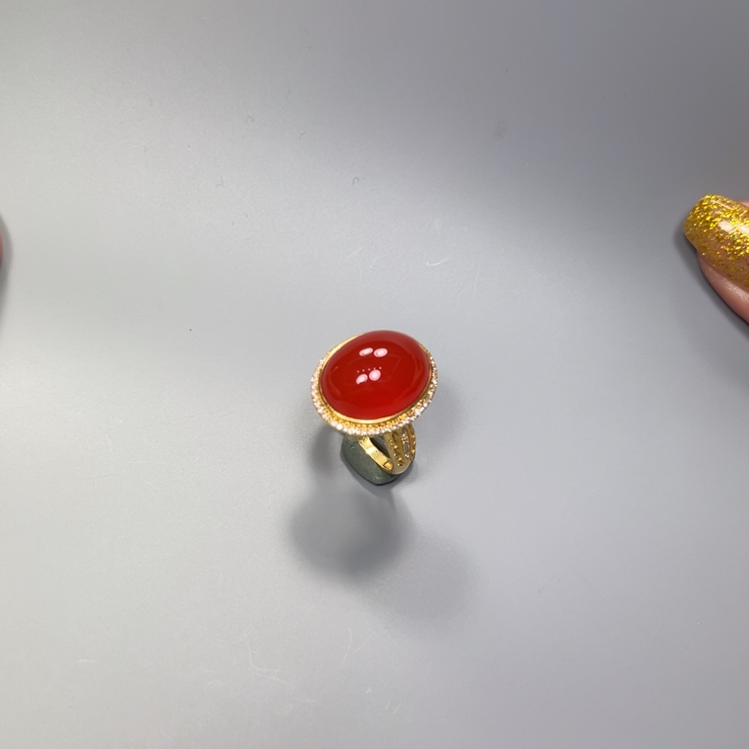 南红玛瑙冰红戒指小庄18K金镶嵌
