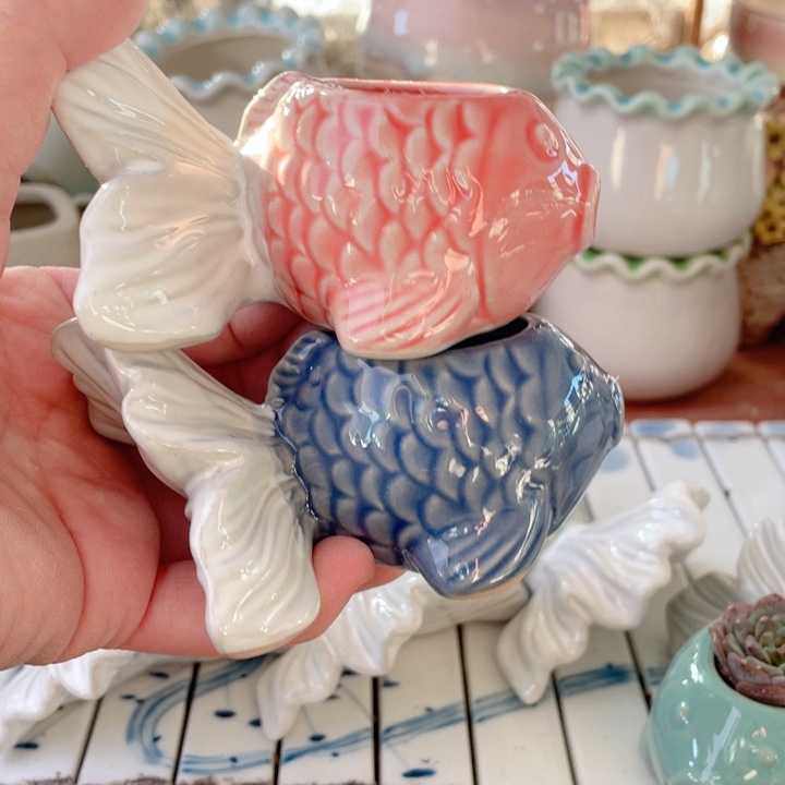 陶瓷半手工花盆默认微瑕鱼一对