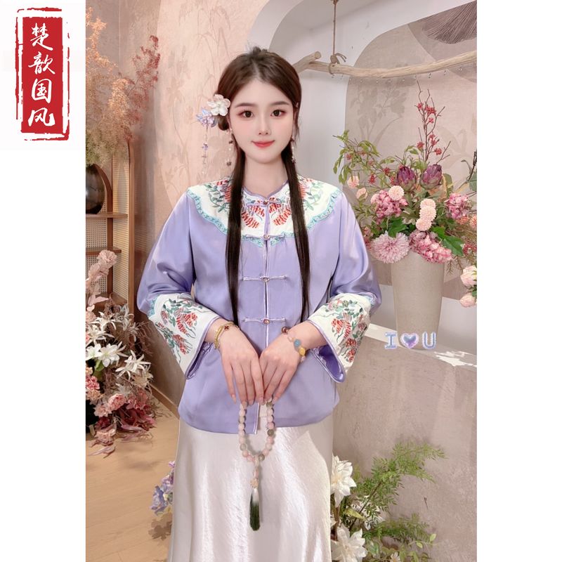 【紫薇】2025新款春季国风上衣新中式圆领绣花气质宽松女装外套