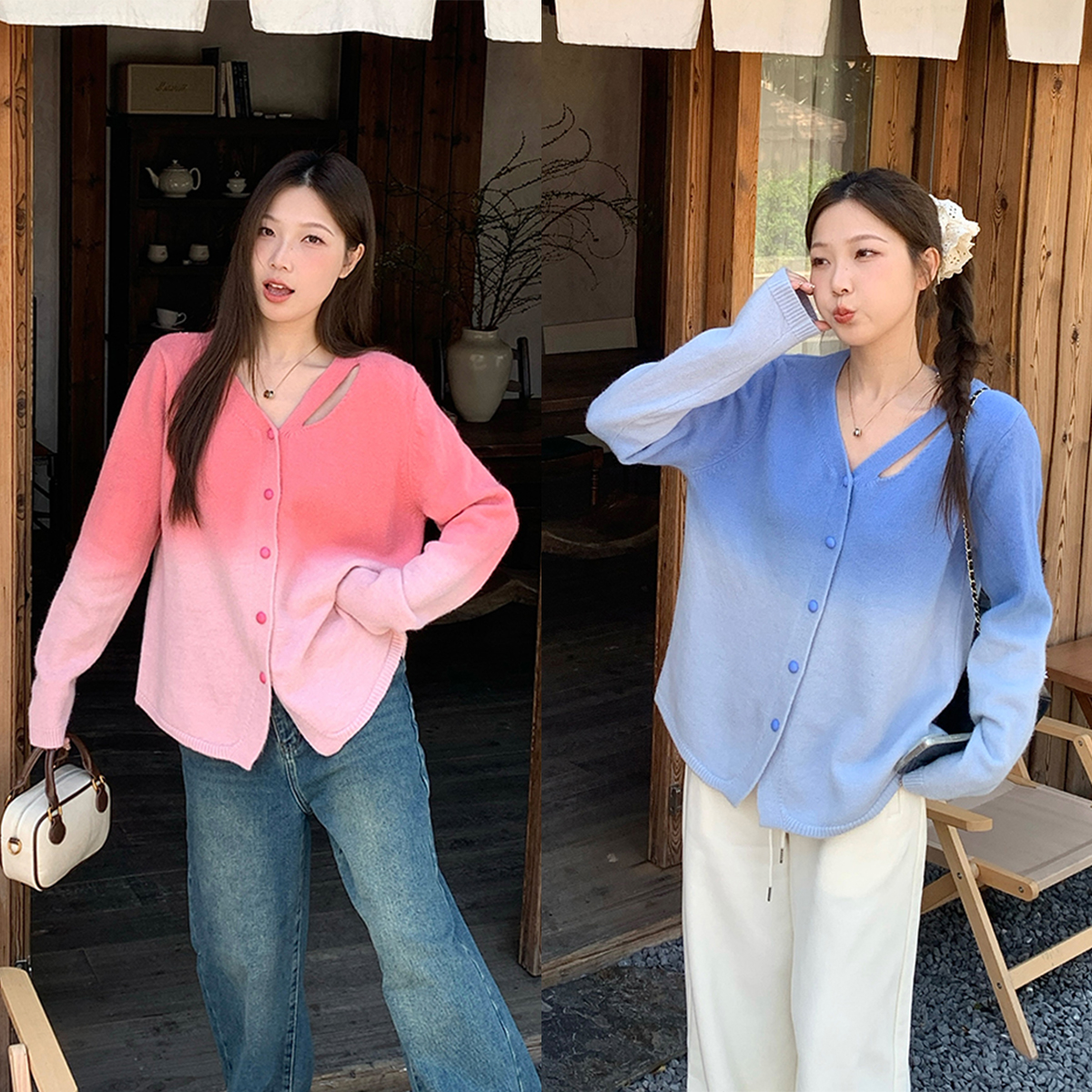 渐变甜美针织开衫设计感镂空内搭毛衣百搭2025秋冬新款胖mm大码女