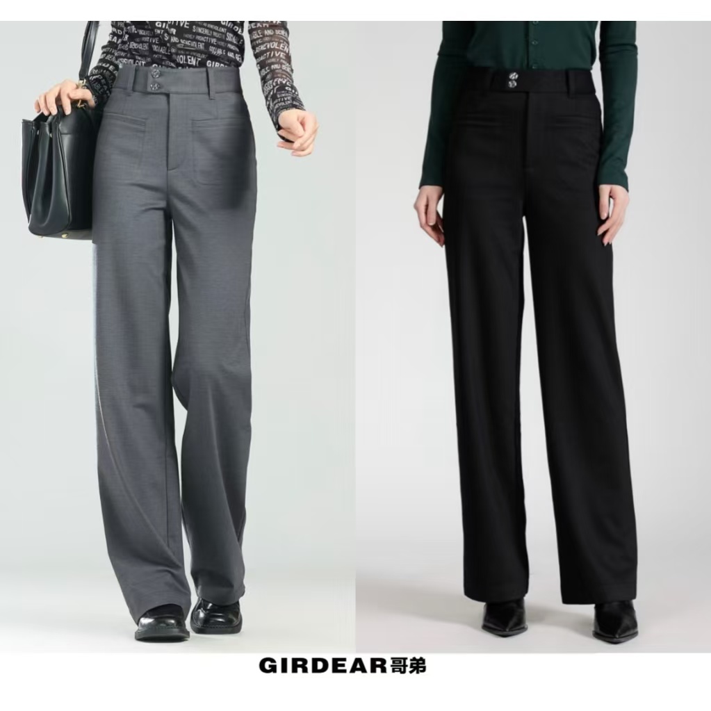 哥弟【官方正品】女裤秋冬通勤简约高腰两粒扣植绒直筒裤1100469