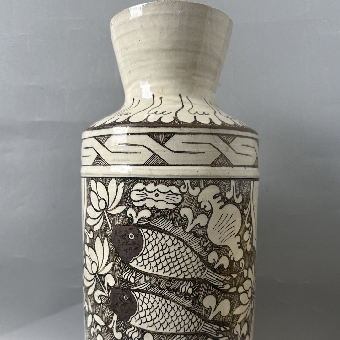 磁州窑双鱼花卉民俗陶瓷摆件