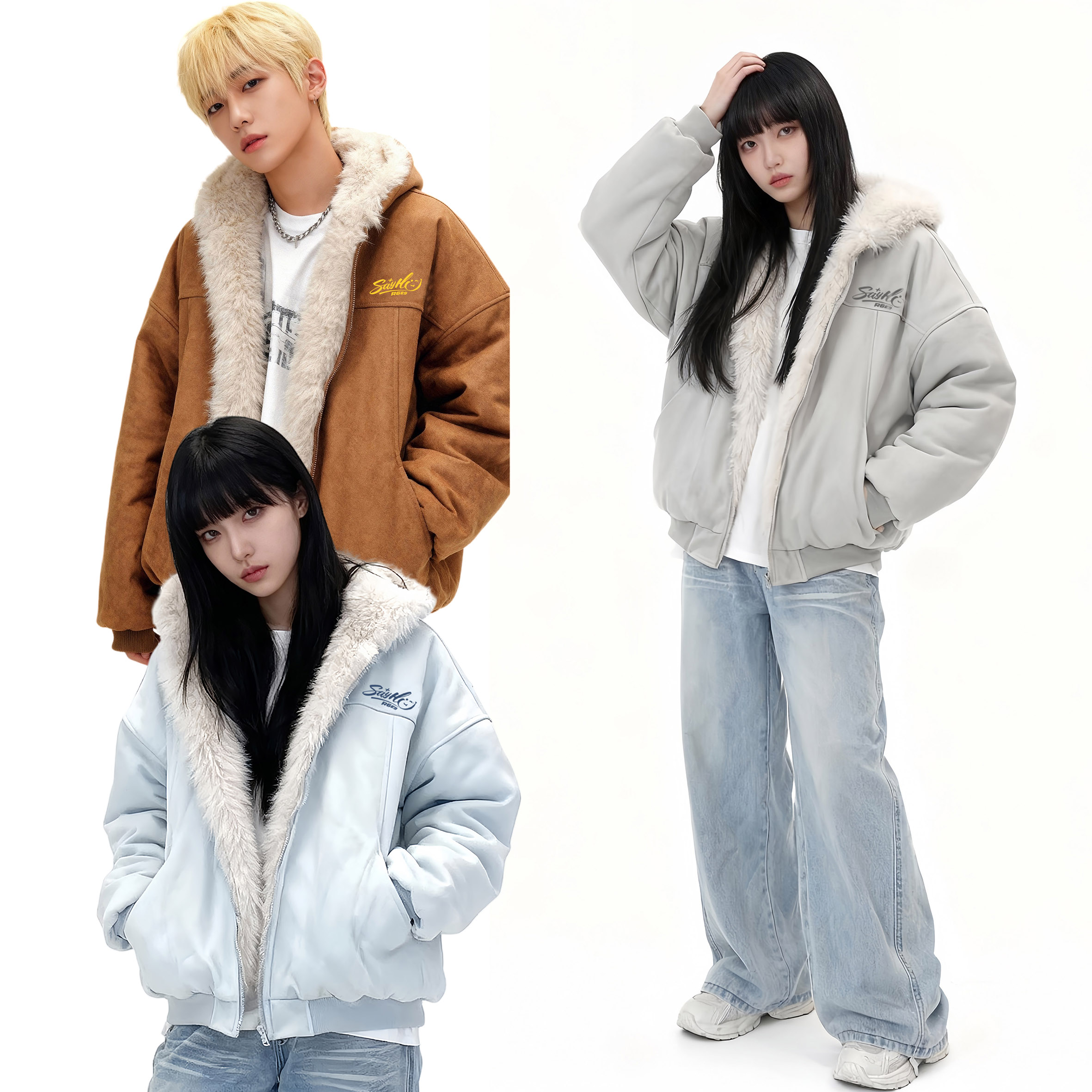 Rosepoem冬季百搭宽松座山熊刺绣加绒加厚绒面短款棉服夹克男女