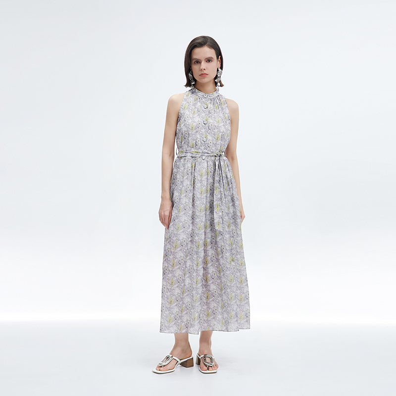 ANMANI恩曼琳25夏季新款碎花挂脖收腰系带度假纯棉连衣裙EANFBA43