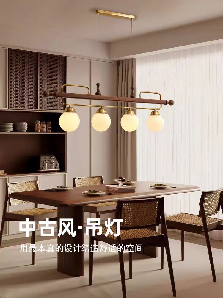 中古法式餐厅吊灯黄铜实木长条一字岛台灯吧台灯饰新中式茶室吊灯