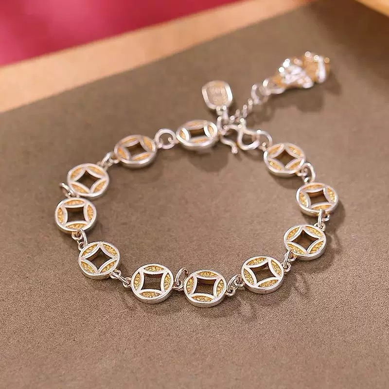 足银银制品 D51铜钱貔貅描金手链