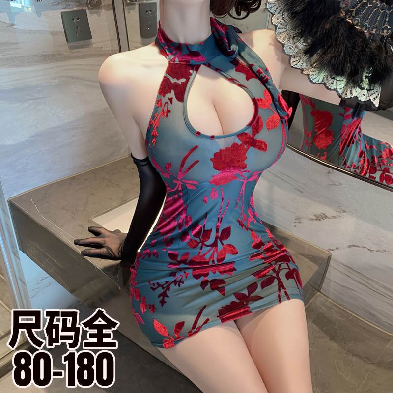 大码性感睡衣战袍高级感私房中国风印花露背睡裙旗袍纯欲qqny内衣