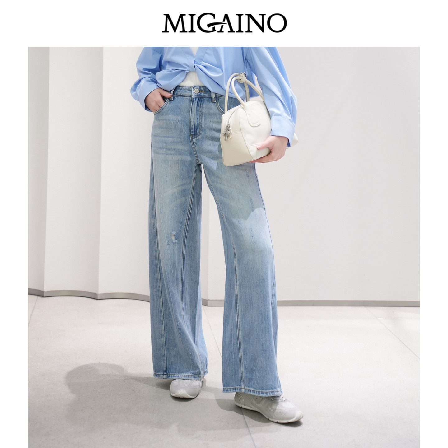 Migaino曼娅奴女装秋季新款高腰宽松破洞牛仔裤阔腿裤MP32NC006