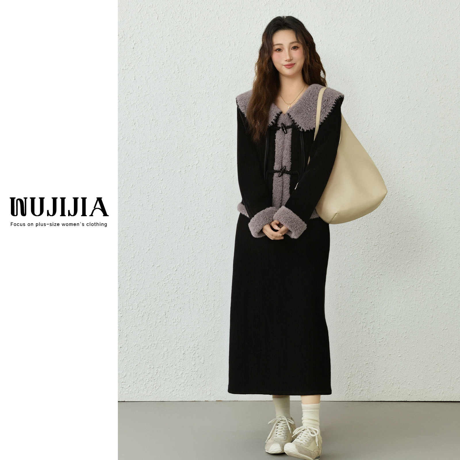 五季家大码黑拼灰色棉上衣+黑拼灰色裙子两件套ZL113478