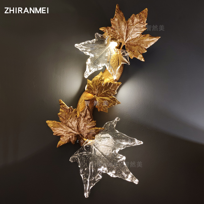 轻奢电视背景墙卧室夜灯创意枫叶美式全铜壁灯