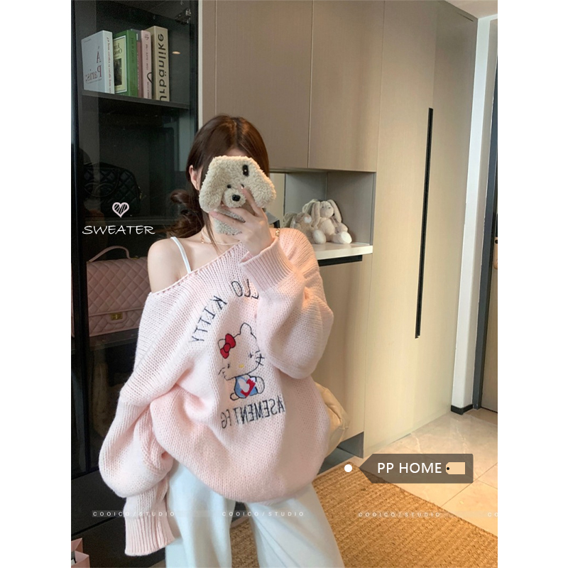  章若楠同款kt粗针毛衣长袖刺绣毛针织衫套头宽松上衣女