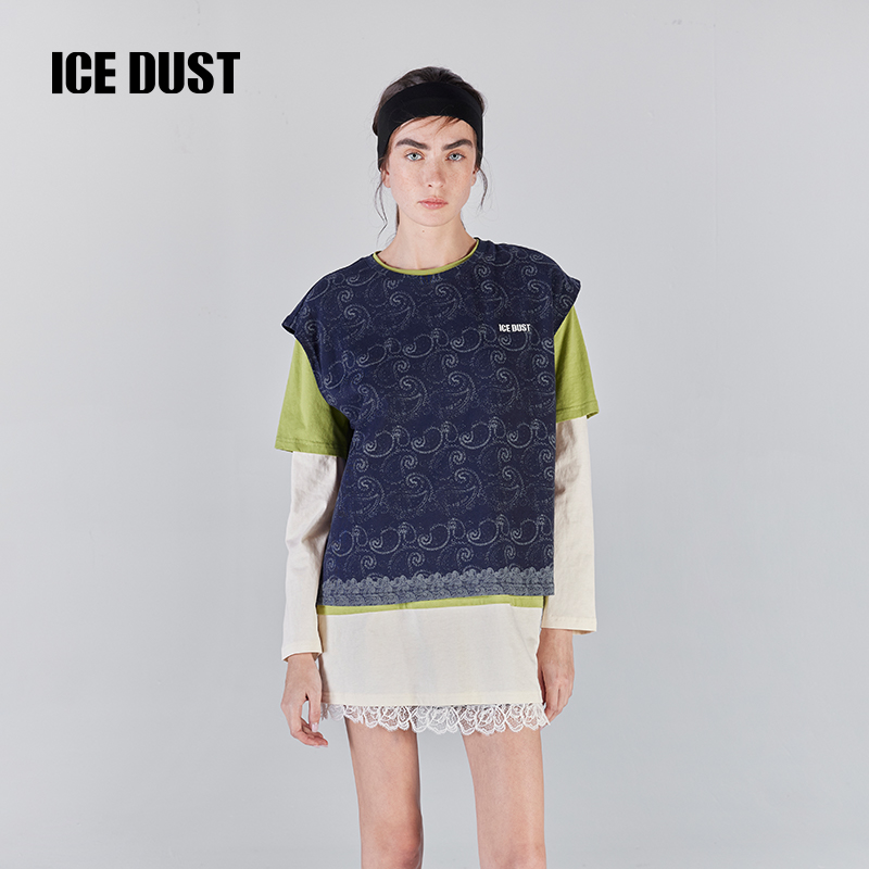 ICEDUST 腰果花圆领短袖T恤女2025SS春夏季假两件长袖上衣套装