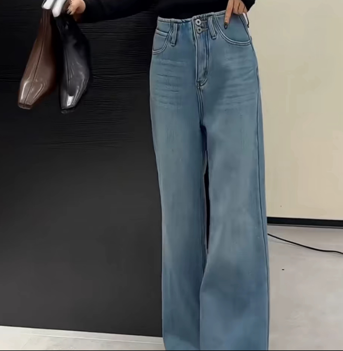 890高腰双扣设计感四面弹加绒蓝色牛仔筒喇裤76-1