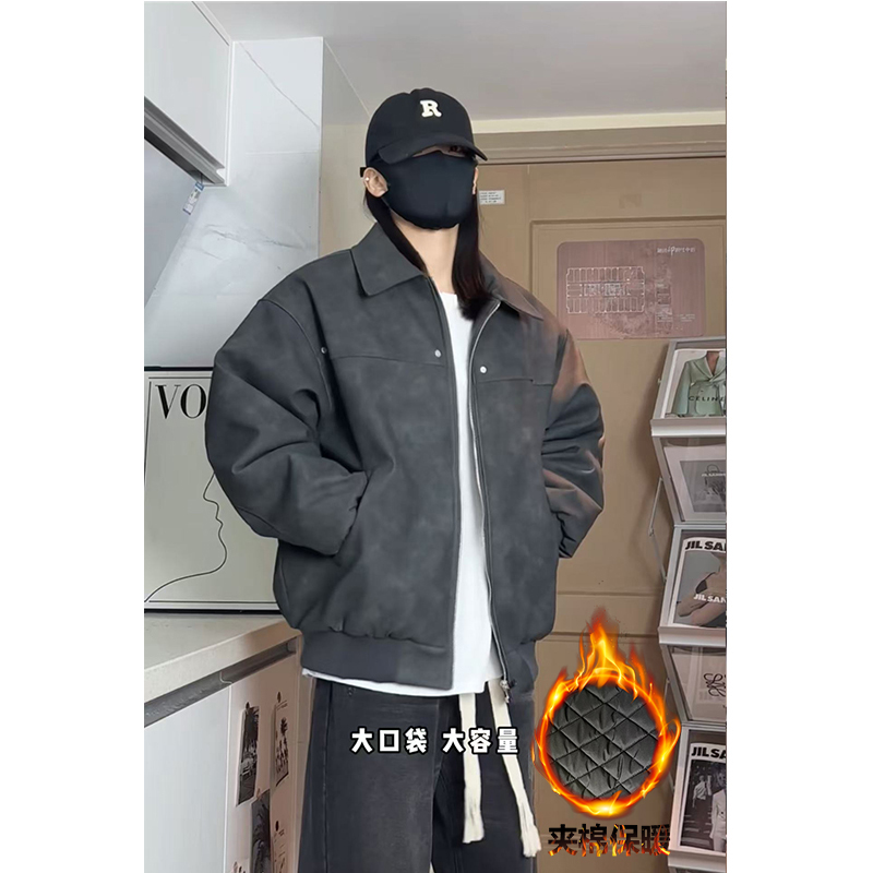2025新款翻领夹克棉服高质感扎染皮夹克外套加棉加厚保暖棉袄男女