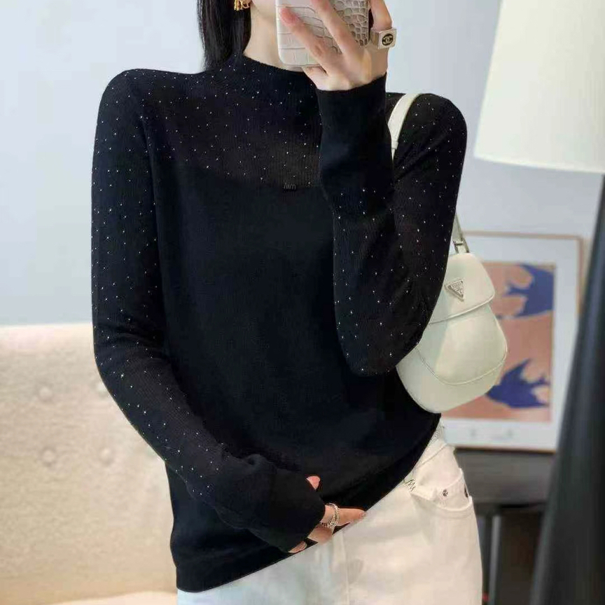 兰兰家带钻秋冬衫百搭针织厚款纯色长袖宽松型半高领