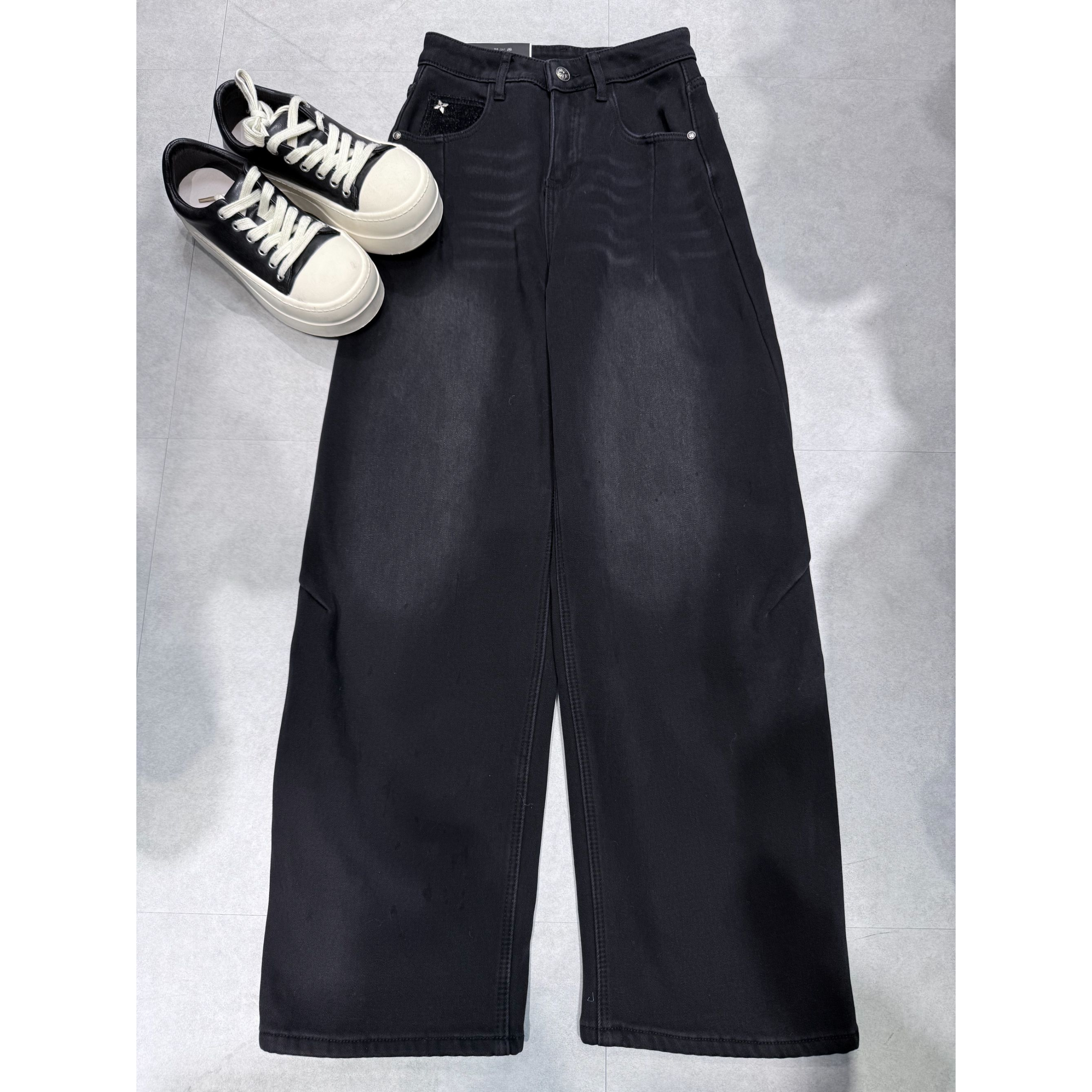 W5783王仙女2 「加绒加厚牛仔裤」美式复古高腰牛仔裤女显瘦阔腿裤