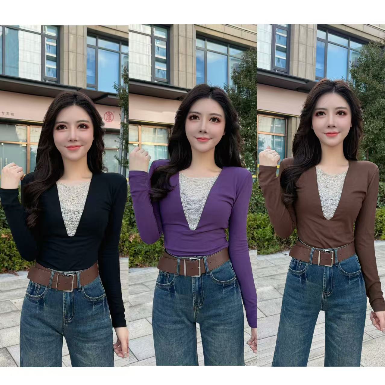 真真：秋季定制款高货重工V领串珠高弹力显瘦洋气打底衫T恤