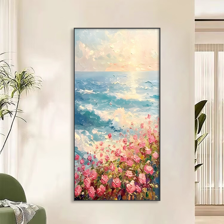 T16奶油风大海洋风景北欧风ins客厅装饰画玫瑰花日出东方玄关挂画