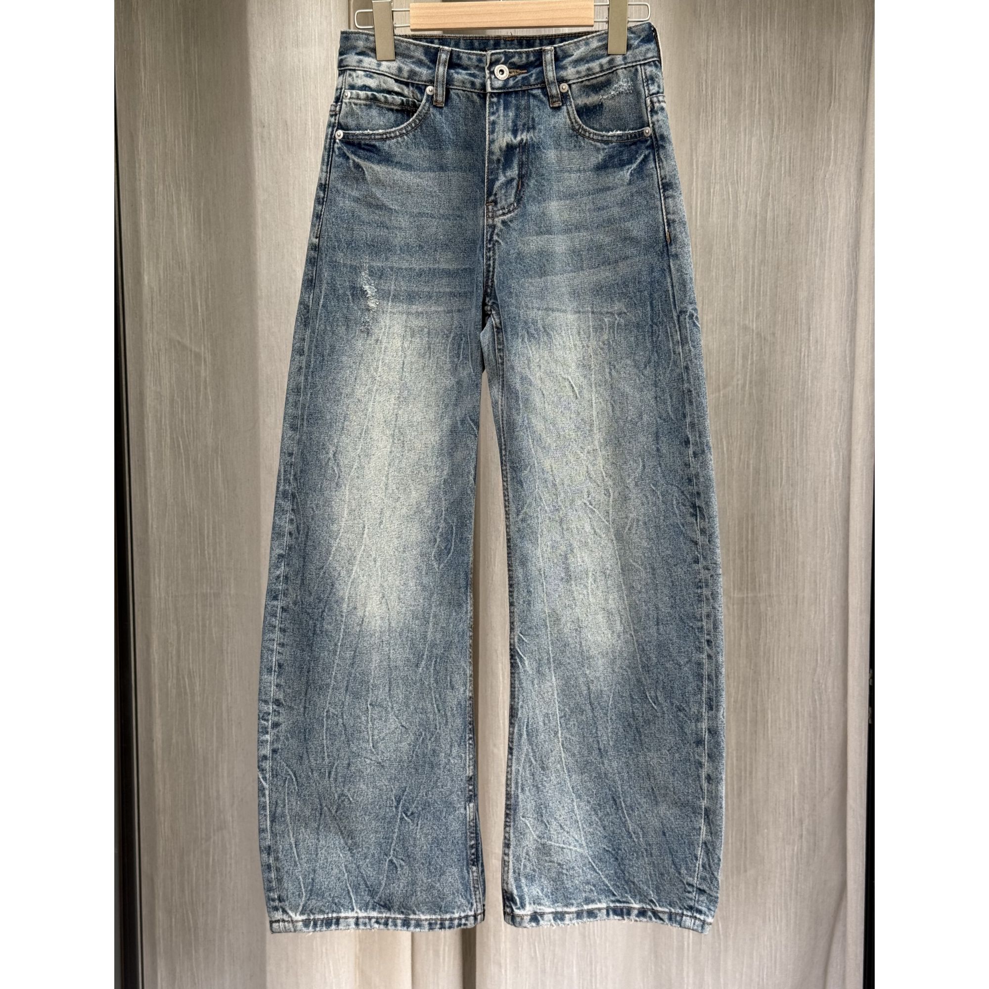 Uninhabitable 扎花洗水工艺！小弯刀裤复古阔腿裤牛仔裤复古蓝牛