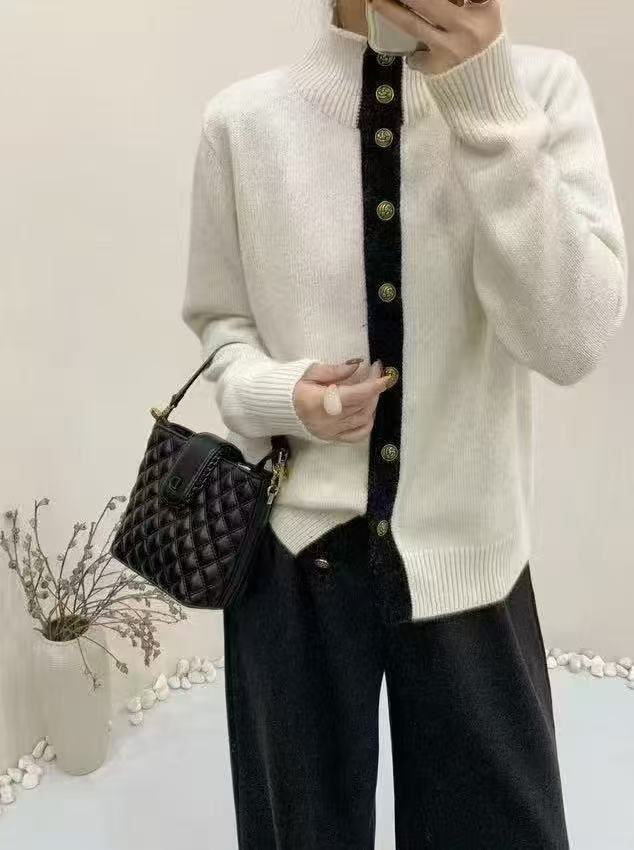 WTT-9980 小香风内搭打底衫新款拼色设计感长袖气质针织衫上衣
