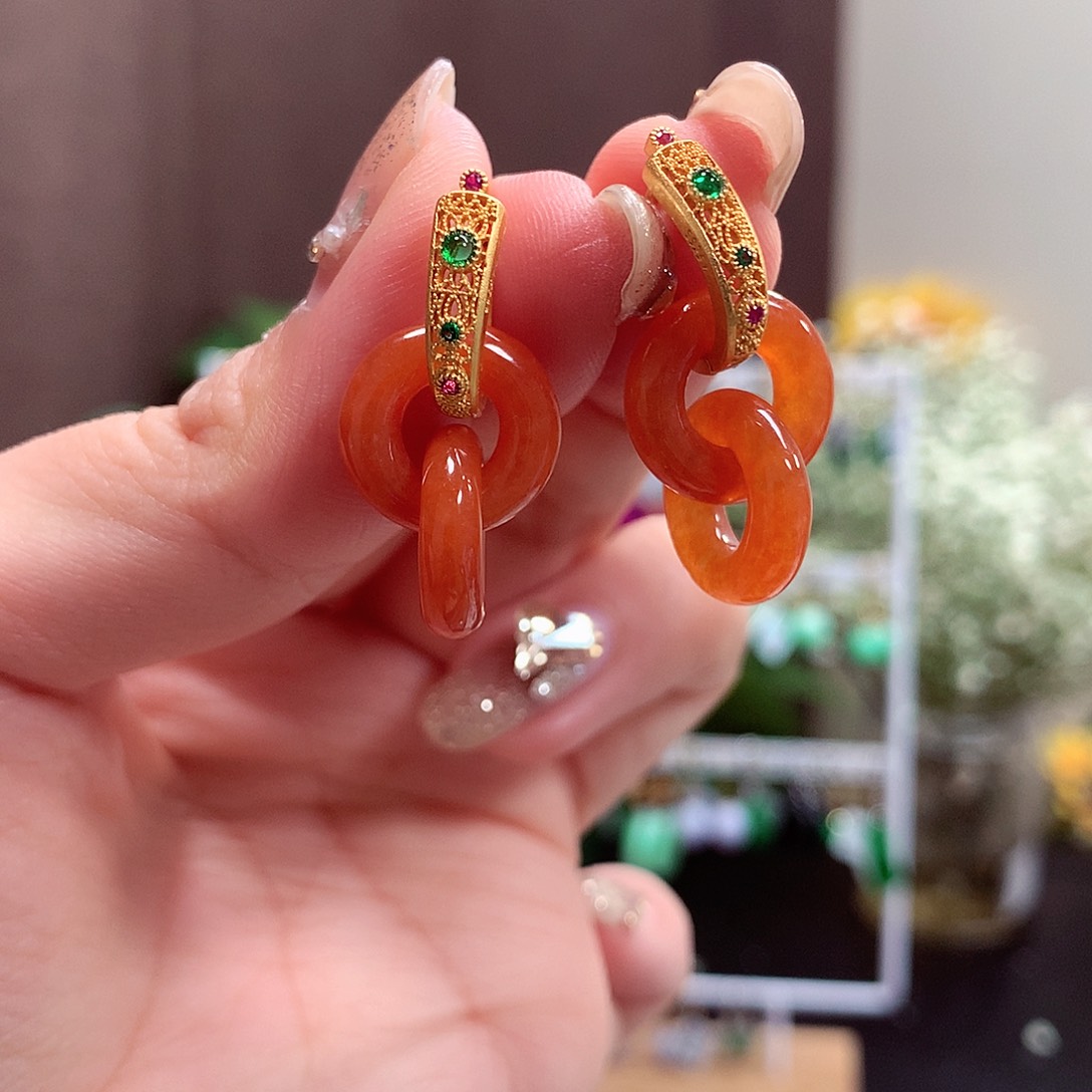 翡翠耳饰银S925镶嵌天然翡翠