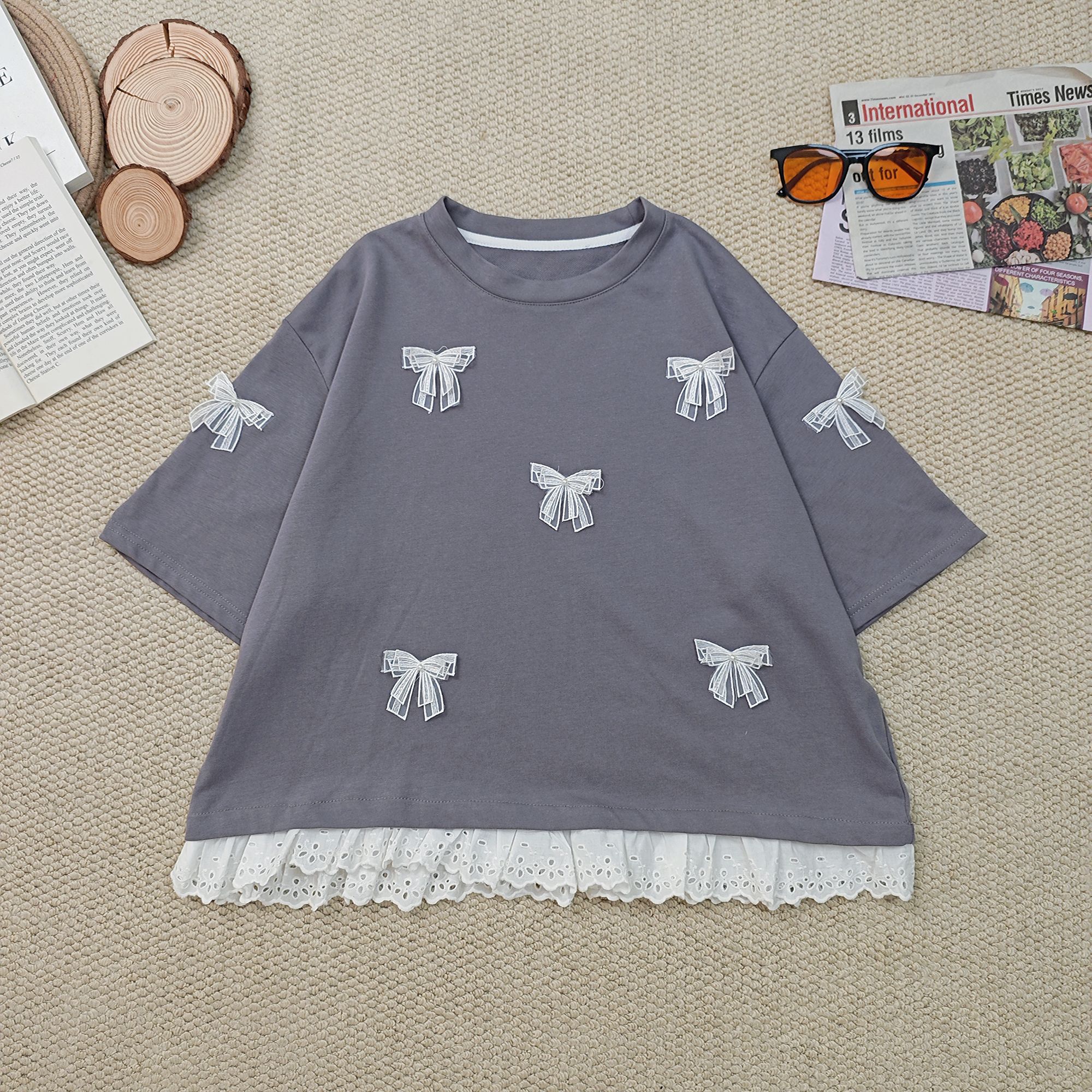 2025夏季新款宽松百搭时尚蕾丝蝴蝶结短袖T恤3419