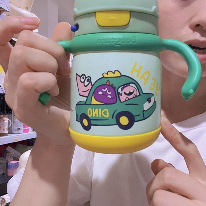 恐龙保温杯300ml把手，绿色