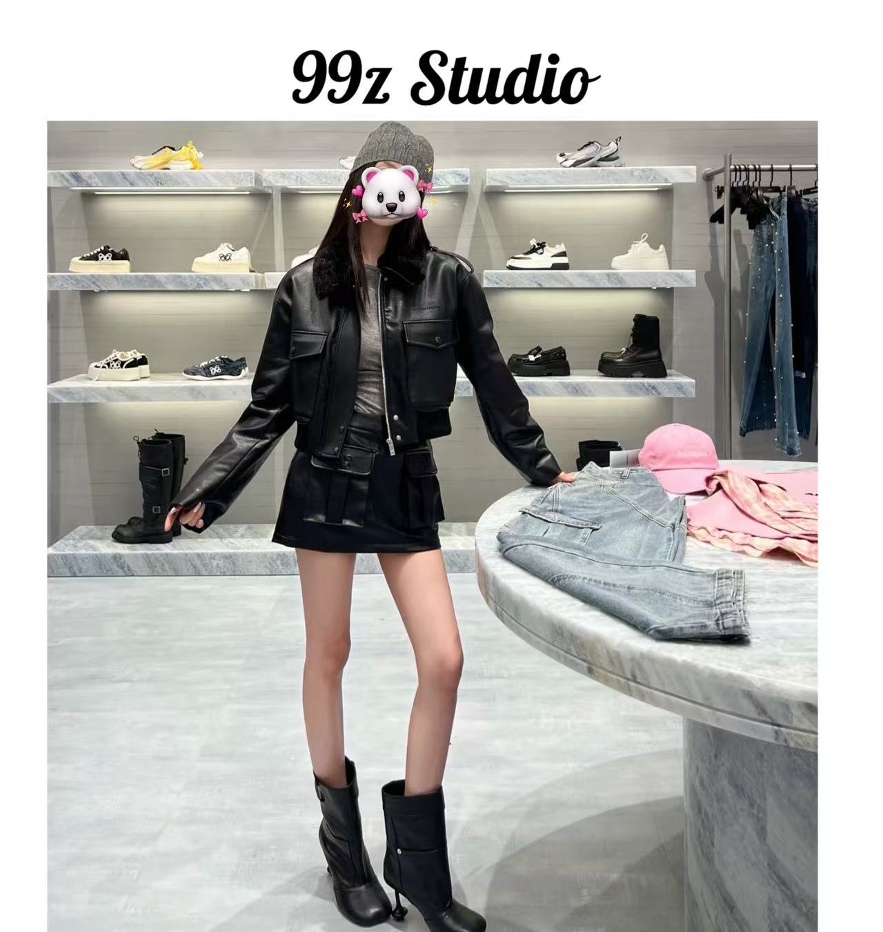 【99z Studio】重磅机车风黑色毛翻领短款皮夹克外套2