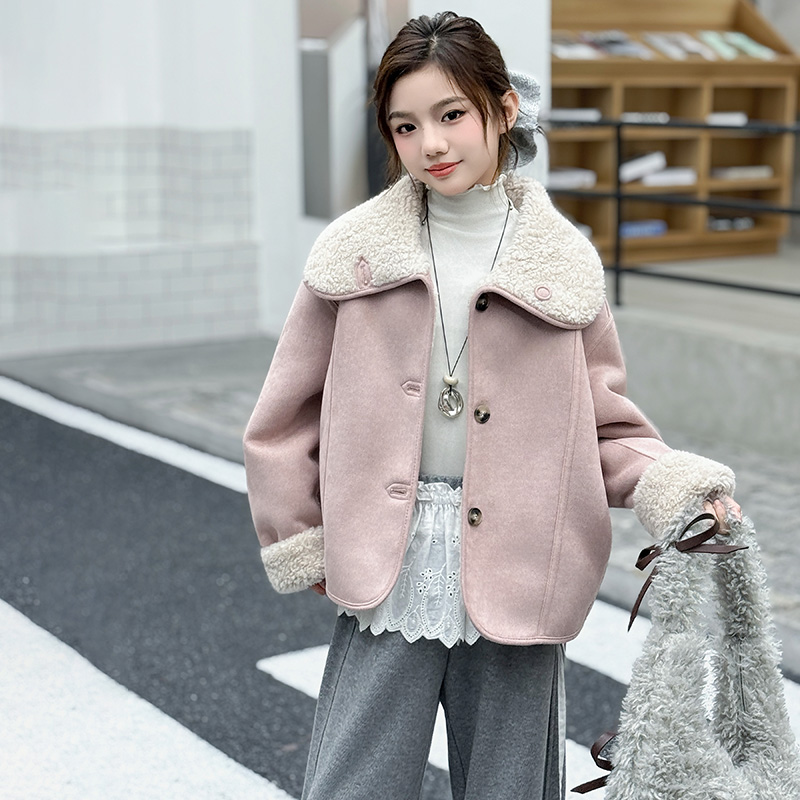 【涵妈推荐】女大童秋冬款韩版洋气加绒加厚两面穿皮毛一体翻领外套