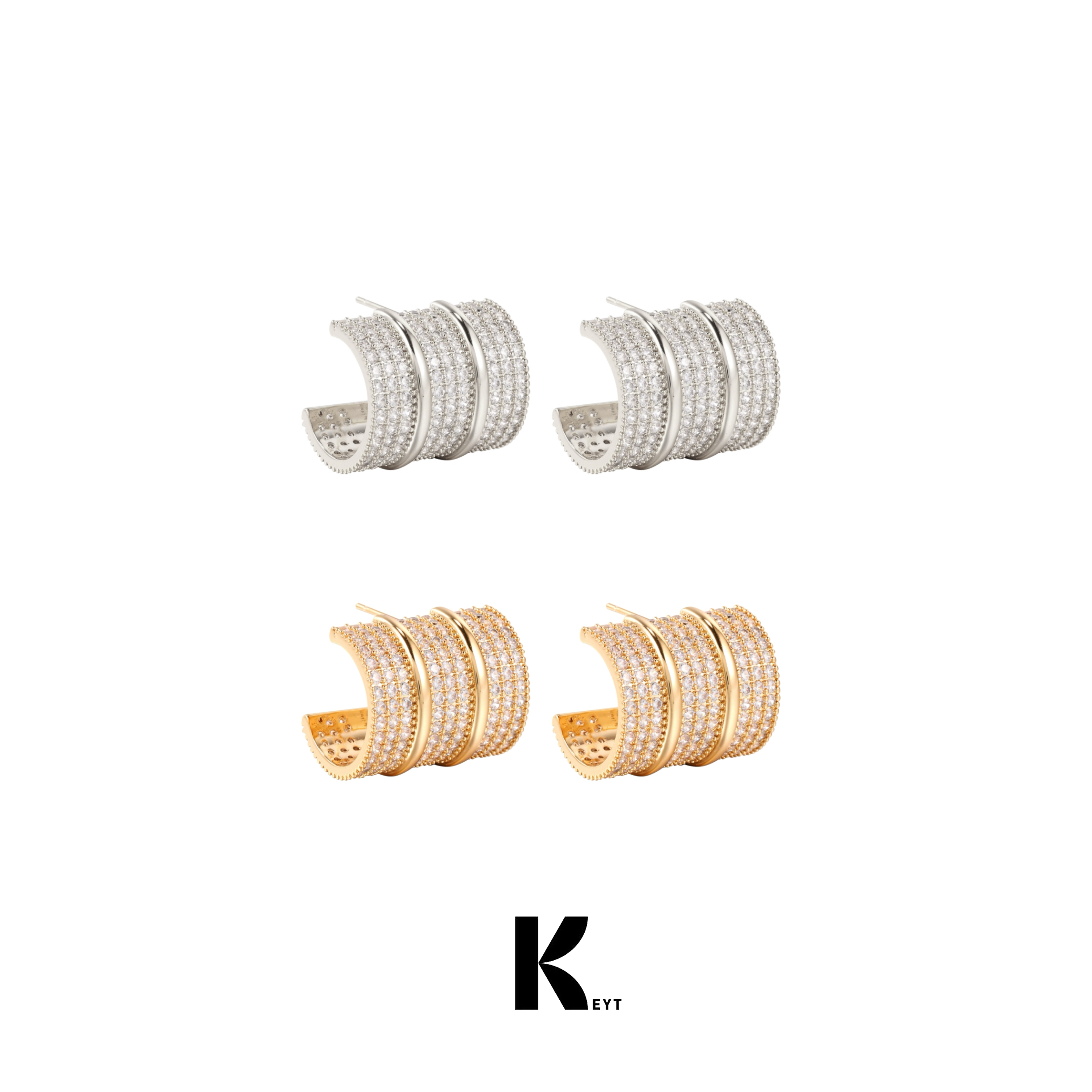 KEYT 铜合金合成锆石耳饰 金银双色满钻半圆柱耳环A10