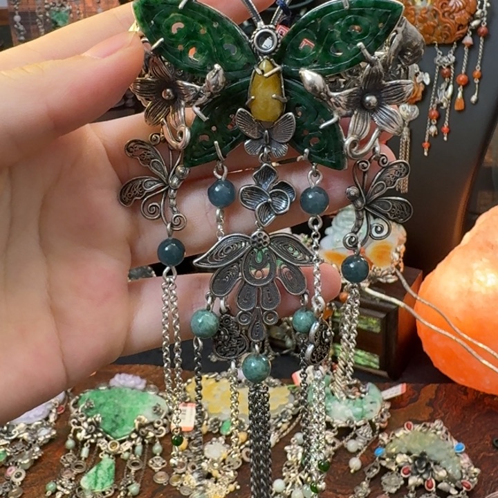 翡翠银S925镶嵌颈饰发夹