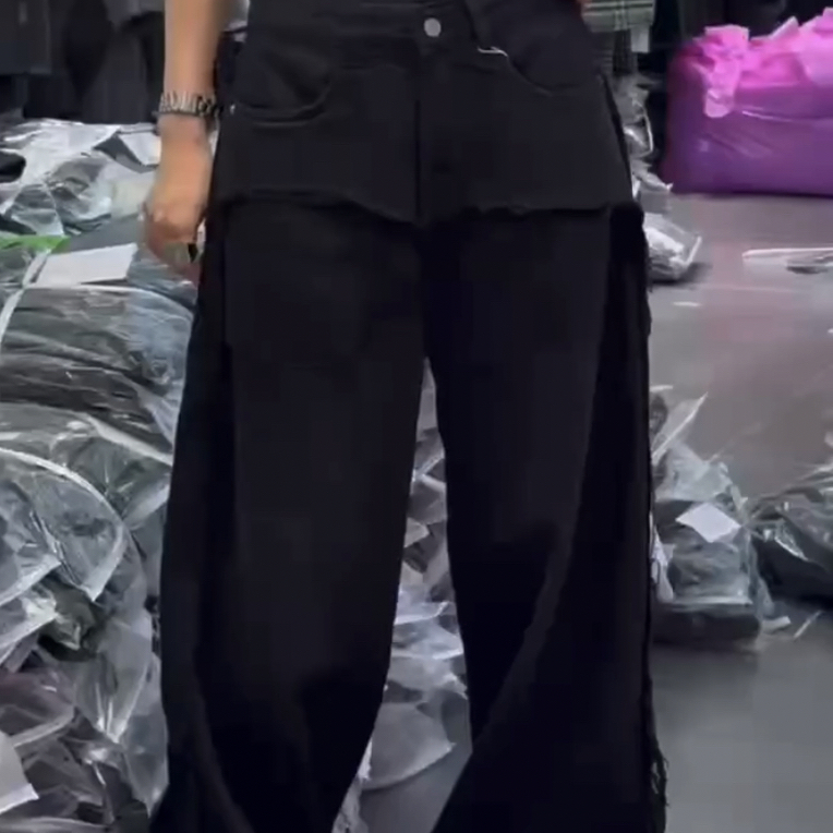 欧版冬款加绒假两件阔腿牛仔裤女新款高腰显瘦百搭休闲裤子